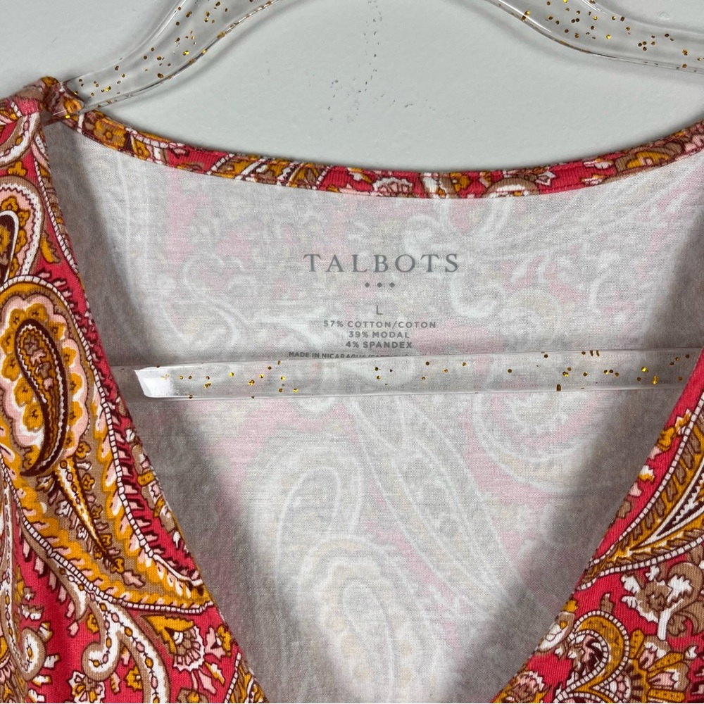 Talbots Faux Wrap Coral Tan Paisley Ruched Surplice Top Blouse Work Fall Large - Picture 2 of 8